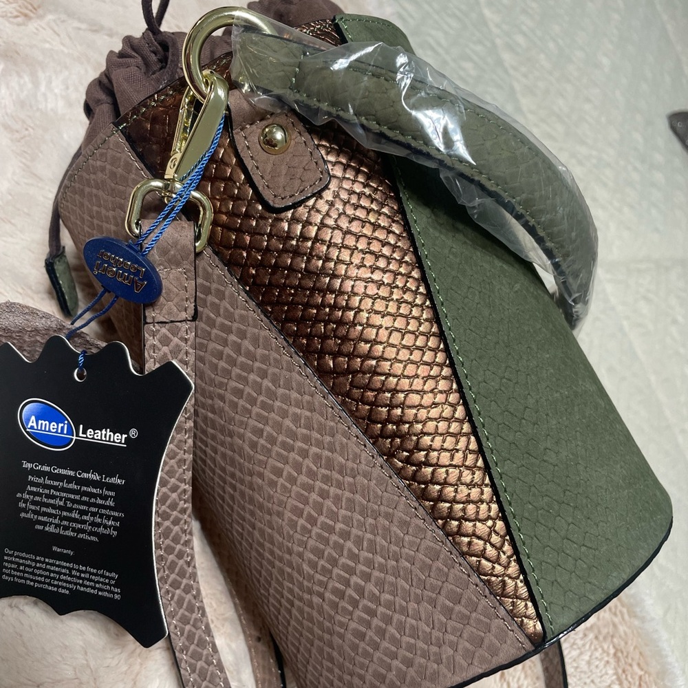 Ameri Leather Stylish Brown and Green Bucket Bag - Picture 6 of 16